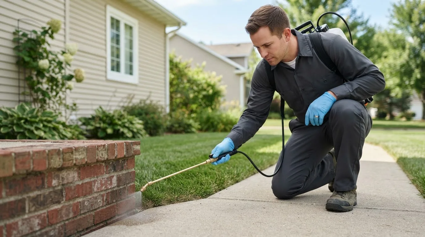 Pest control technician treating a home near Bayard, IA